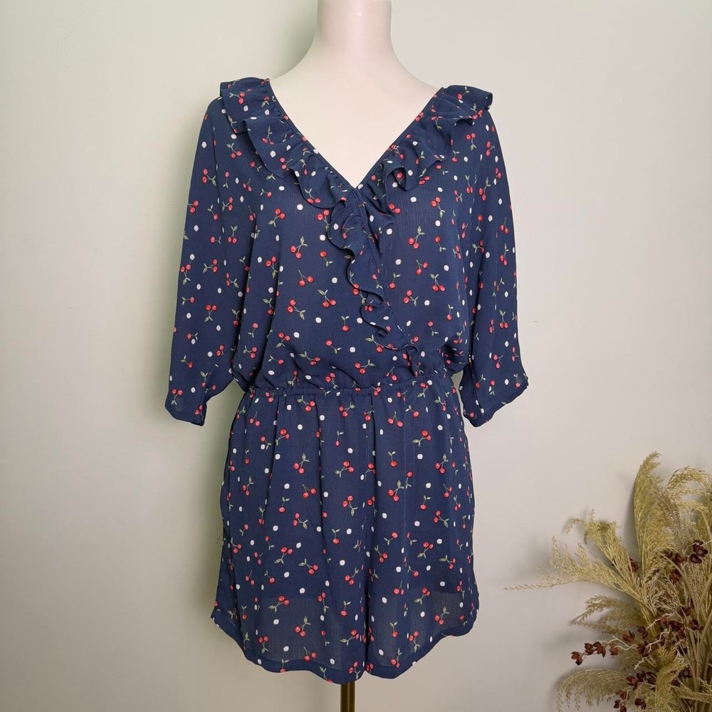 LC Lauren Conrad‎ Size L Navy Cherry Ruffle Short Sleeve Romper